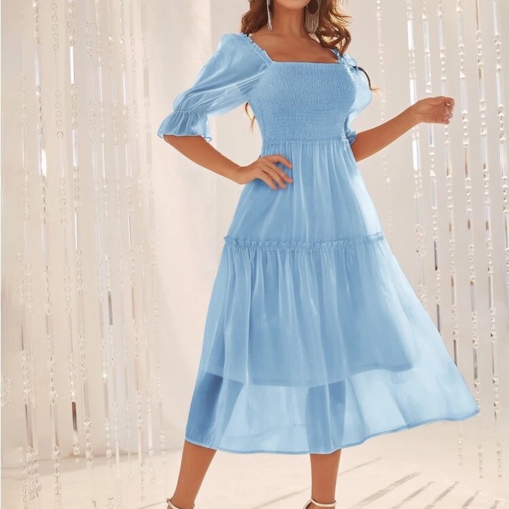 Shirred Square Neck Flounce Sleeve Frilled Organza Dress Light Blue XL